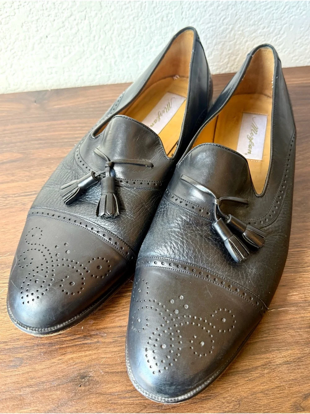 Mezlan Black Leather Tassel Loafers with Brogue Detailing 12 W